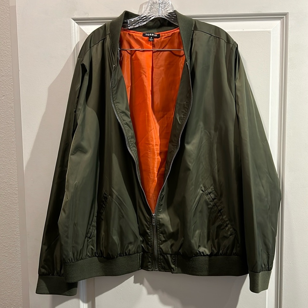 Torrid olive green and orange inside bomber jacket size 3